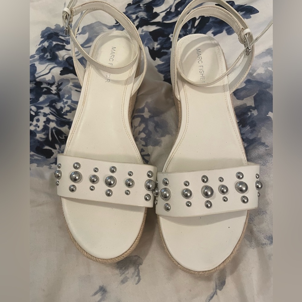 Marc Fisher white studded espadrille platform sandals